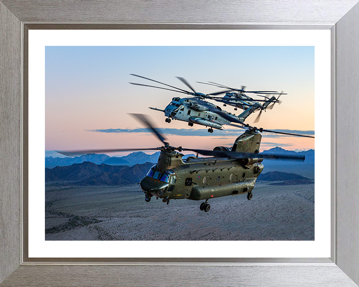 RAF CH-47 Chinook with two USMC ch-53 Sea Stallions Photo Print - Royal Air Force Aircraft Hampshire Prints 10 x 8 Silver Frame Yes