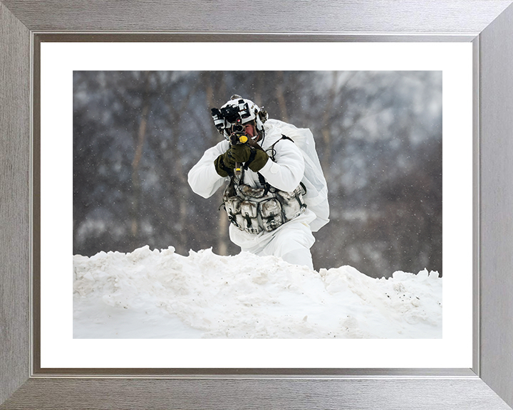 Royal Marine Aims During Cold Weather exercise Photo Print 40 Commando Marines Wall Art Military Decor UK Posters, Prints, & Visual Artwork Hampshire Prints 10 x 8 Silver Frame Yes