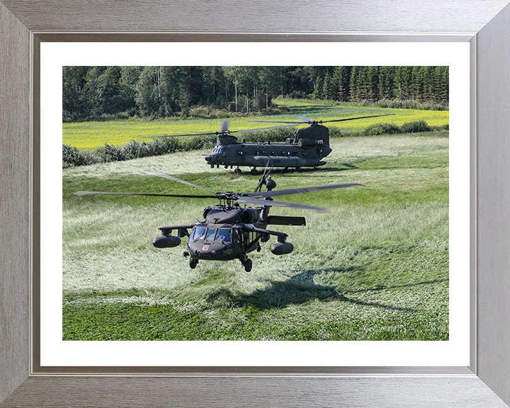 RAF Chinook and US Army UH-60 Blackhawk Helicopters Photo Print - Royal Air Force Aircraft Hampshire Prints 10 x 8 Silver Frame Yes