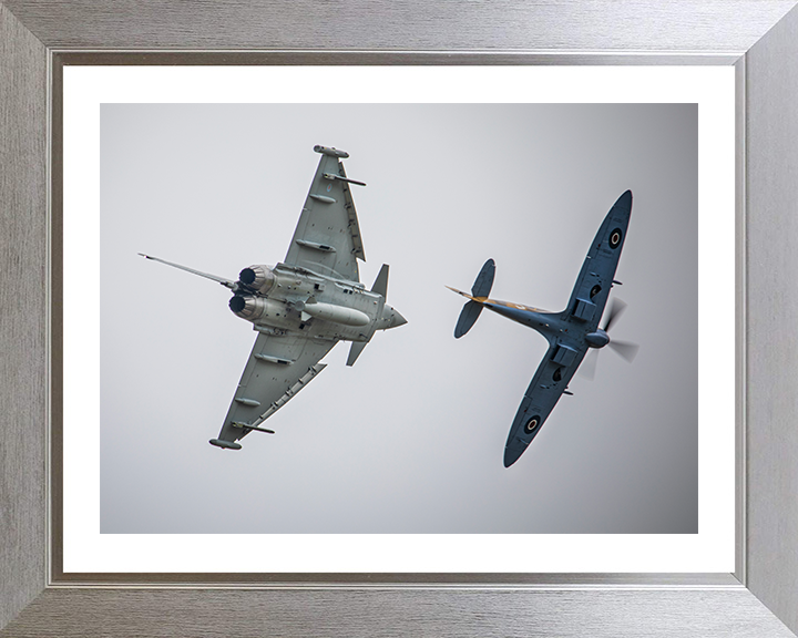 RAF Typhoon FGR4 and Spitfire in flight Photo Print - Royal Air Force Aircraft Hampshire Prints 10 x 8 Silver Frame Yes