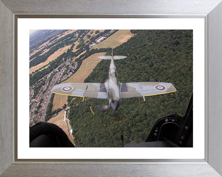 RAF Spitfire Mk XVI with Clipped Wings in Flight Photo Print - Royal Air Force Aircraft Posters, Prints, & Visual Artwork Hampshire Prints 10 x 8 Silver Frame Yes