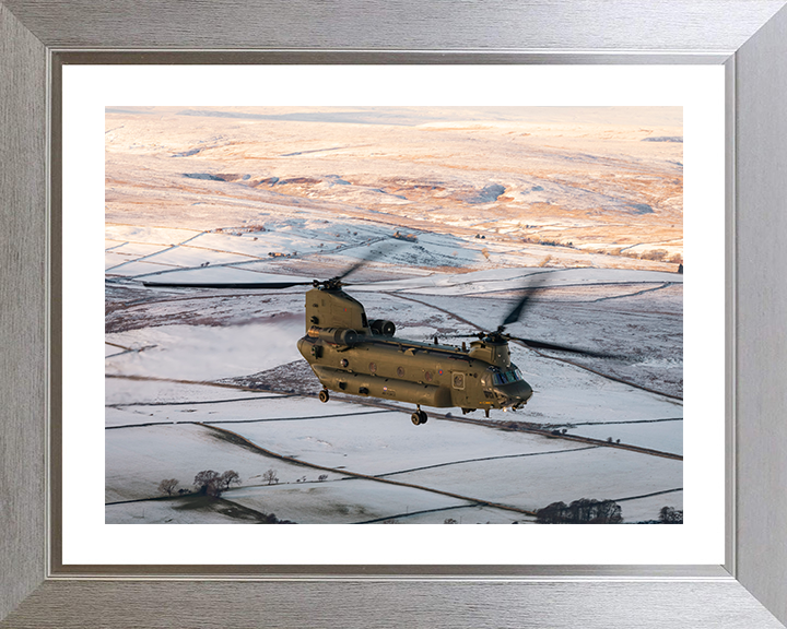 RAF Chinook Helicopter Flies Over Winter Countryside Photo Print - Royal Air Force Aircraft Posters, Prints, & Visual Artwork Hampshire Prints 10 x 8 Silver Frame Yes