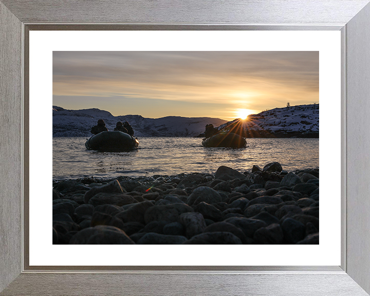 Royal Marines on Two Inflatable Raiding Crafts at Sunset Photo Print 30 Commando Wall Art Military Decor Posters, Prints, & Visual Artwork Hampshire Prints 10 x 8 Silver Frame Yes