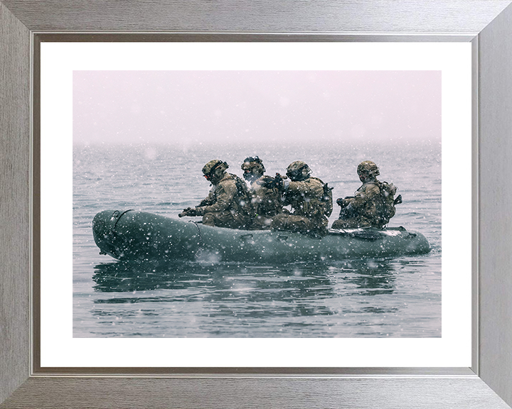 Royal Marines on a Inflatable Raiding Craft in the Snow Photo Print Norway 30 Commando Wall Art Military Decor Posters, Prints, & Visual Artwork Hampshire Prints 10 x 8 Silver Frame Yes