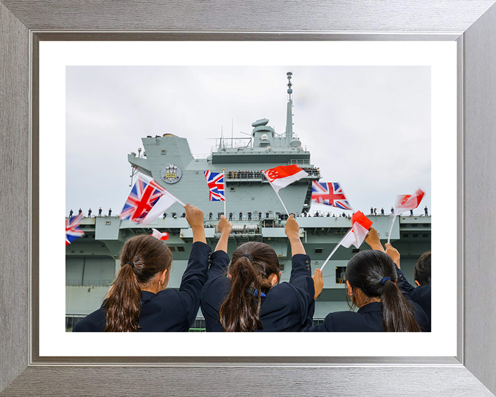 HMS Prince of Wales (R09) Photo Print - Singapore Welcome 2025 - Royal Navy Queen Elizabeth Class Aircraft Carrier Hampshire Prints 10 x 8 Silver Frame Yes