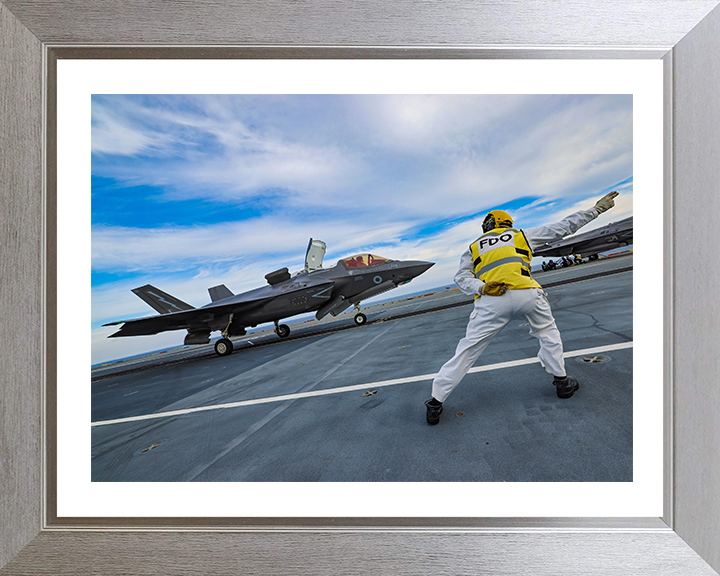 RAF F35B flight deck takeoff Photo Print - Royal Air Force Aircraft Hampshire Prints 10 x 8 Silver Frame Yes