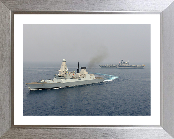 HMS Defender (D36) Photo Print - With INS VIRAAT - Royal Navy Type 45 Destroyer Posters, Prints, & Visual Artwork Hampshire Prints 10 x 8 Silver Frame Yes