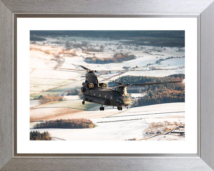 RAF Chinook Helicopter Flies Over Winter Countryside 2025 Photo Print - Royal Air Force Aircraft Posters, Prints, & Visual Artwork Hampshire Prints 10 x 8 Silver Frame Yes