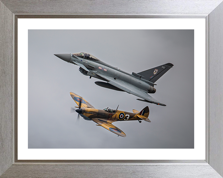 Typhoon FGR4 and RAF Spitfire in flight Photo Print - Royal Air Force Aircraft Hampshire Prints 10 x 8 Silver Frame Yes