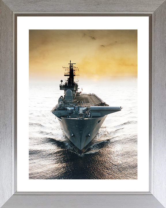 HMS Ark Royal (R07) Royal Navy Invincible Class Aircraft Carrier Bow View at Sunset Photo Print Wall Art Decor Posters, Prints, & Visual Artwork Hampshire Prints 10 x 8 Silver Frame Yes