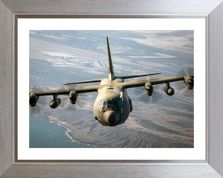 RAF C130J C4 Hercules in flight Photo Print - Royal Air Force Aircraft Hampshire Prints 10 x 8 Silver Frame Yes