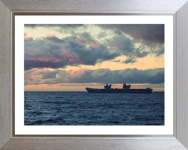 HMS Prince of Wales (R09) Photo Print - At sunset - Royal Navy Queen Elizabeth Class Aircraft Carrier Hampshire Prints 10 x 8 Silver Frame Yes