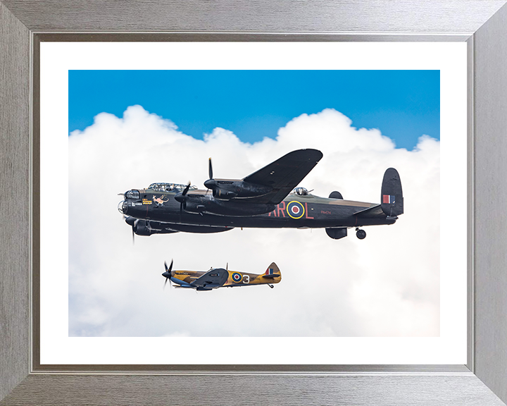RAF Spitfire with Lancaster Bomber in Flight Photo Print - Royal Air Force Aircraft Posters, Prints, & Visual Artwork Hampshire Prints 10 x 8 Silver Frame Yes