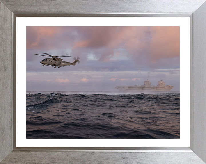 HMS Queen Elizabeth (R08) Photo Print - With Merlin - Royal Navy Queen Elizabeth Class Aircraft Carrier Hampshire Prints 10 x 8 Silver Frame Yes