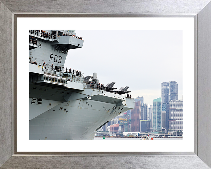 HMS Prince of Wales (R09) Photo Print - Singapore Skyline 2025 - Royal Navy Queen Elizabeth Class Aircraft Carrier Hampshire Prints 10 x 8 Silver Frame Yes