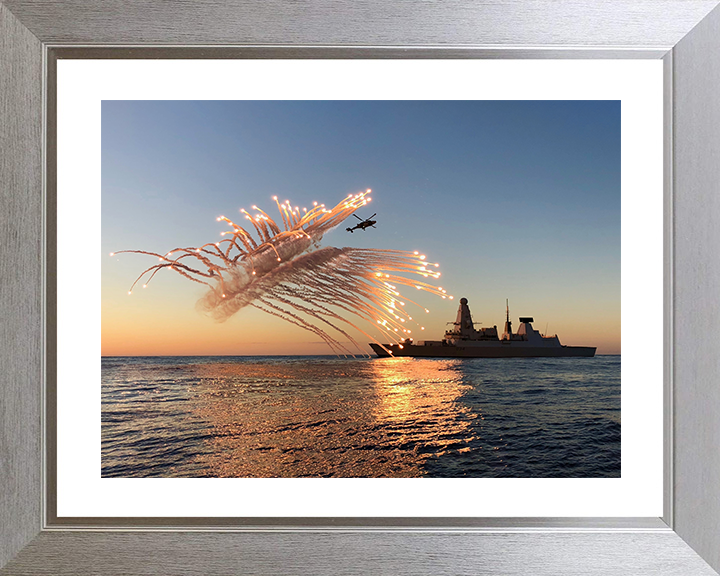 HMS Diamond (D34) Photo Print - With Flares 2018 - Royal Navy Type 45 Destroyer Hampshire Prints 10 x 8 Silver Frame Yes