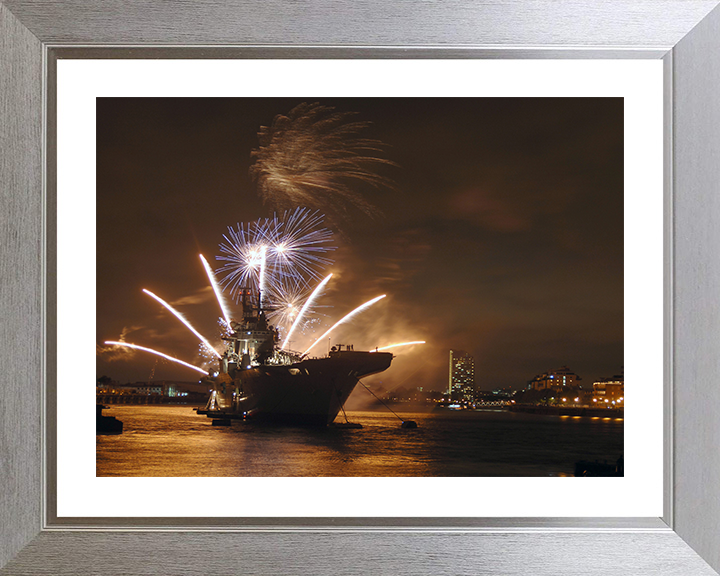 HMS Illustrious (R06) Photo Print - With fireworks 2009 - Royal Navy Invincible Class Aircraft Carrier Hampshire Prints 10 x 8 Silver Frame Yes