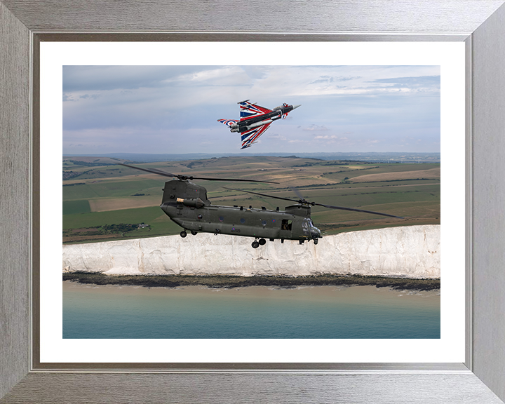 RAF Chinook Helicopter and Typhoon Jet Photo Print - Royal Air Force Aircraft Hampshire Prints 10 x 8 Silver Frame Yes