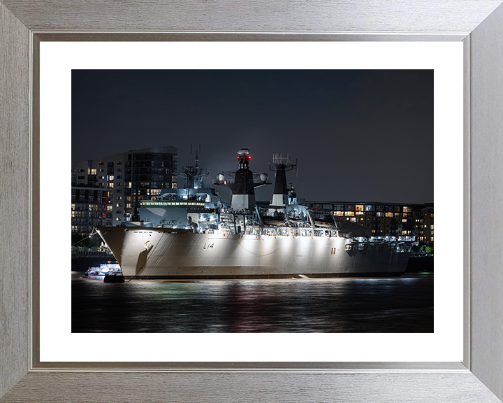 HMS Albion (L14) Royal Navy Albion Class Amphibious Ship In Harbour At Night Photo Print Wall Art Naval Decor Posters, Prints, & Visual Artwork Hampshire Prints 10 x 8 Silver Frame Yes