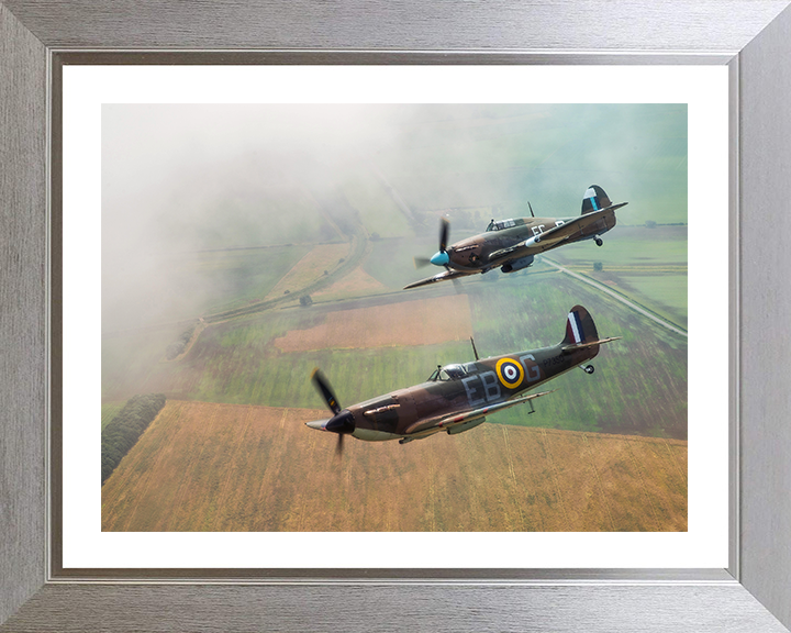 RAF Spitfire and Hurricane in flight Photo Print - Royal Air Force Aircraft Hampshire Prints 10 x 8 Silver Frame Yes