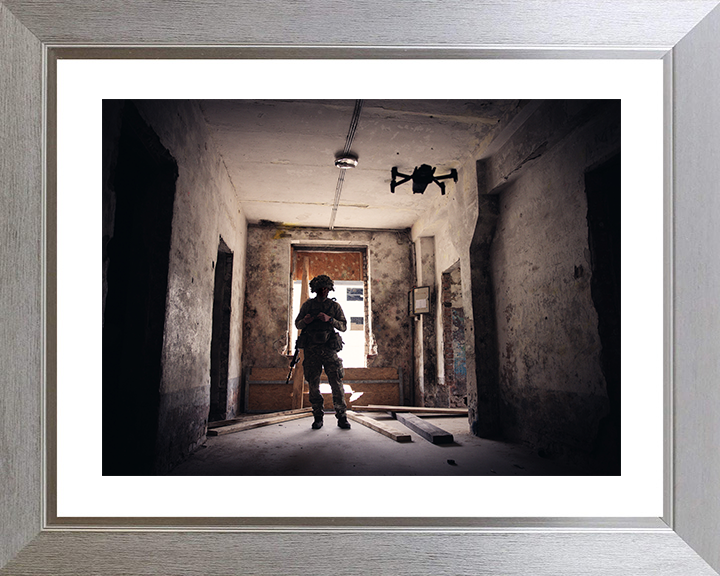 British Army Soldier Operating a Parrot Drone Urban Warfare Training Photo Print Military Decor Posters, Prints, & Visual Artwork Hampshire Prints 10 x 8 Silver Frame Yes
