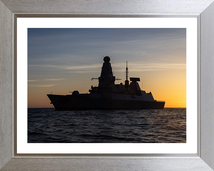 HMS Dragon (D35) Photo Print - Port Side at Sunset - Royal Navy Type 45 Destroyer Hampshire Prints 10 x 8 Silver Frame Yes