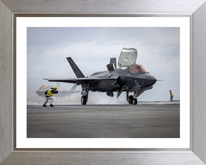 RAF F-35B Lightning jet flight deck Launch Photo Print - Royal Air Force Aircraft Hampshire Prints 10 x 8 Silver Frame Yes