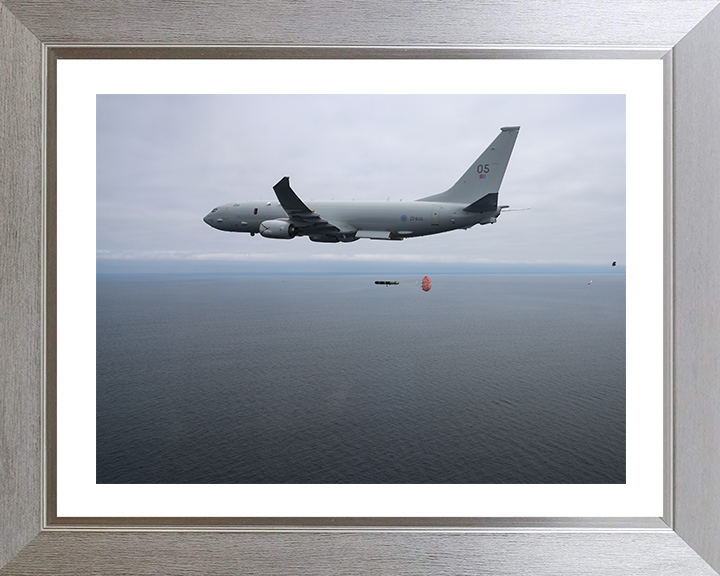 RAF Poseidon (P-8A) releasing a torpedo Photo Print - Royal Air Force Aircraft Hampshire Prints 10 x 8 Silver Frame Yes