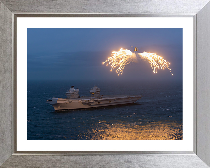HMS Prince of Wales (R09) Photo Print - With Merlin - Royal Navy Queen Elizabeth Class Aircraft Carrier Hampshire Prints 10 x 8 Silver Frame Yes