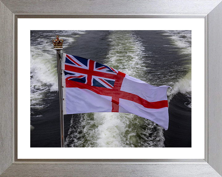 White Ensign and Ships Wake Photo Print - Royal Navy Hampshire Prints 10 x 8 Silver Frame Yes