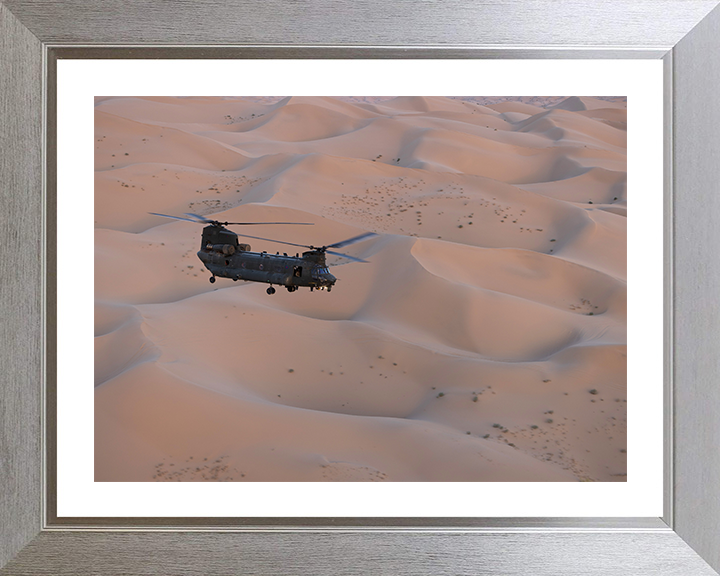 RAF Chinook Over Helicopter sand Dunes Photo Print - Royal Air Force Aircraft Hampshire Prints 10 x 8 Silver Frame Yes