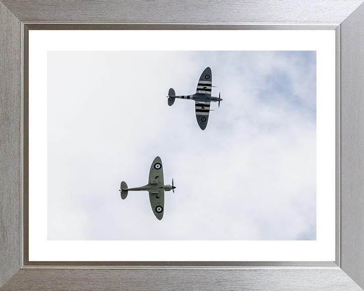 RAF Spitfire MK Vb and Spitfire MK11a in flight Photo Print - Royal Air Force Aircraft Hampshire Prints 10 x 8 Silver Frame Yes