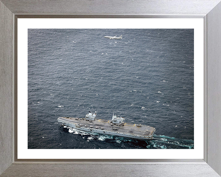 HMS Prince of Wales (R09) Photo Print - With Poseidon - Royal Navy Queen Elizabeth Class Aircraft Carrier Hampshire Prints 10 x 8 Silver Frame Yes