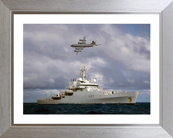 HMS Echo (H87) Photo Print - With AP3C Orion Plane - Royal Navy Echo Class Survey Vessel Hampshire Prints 10 x 8 Silver Frame Yes