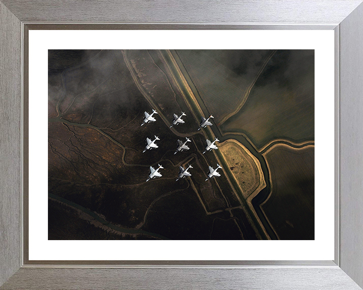 Nine RAF Harrier GR7 Jets in formation Photo Print - Royal Air Force Aircraft Posters, Prints, & Visual Artwork Hampshire Prints 10 x 8 Silver Frame Yes