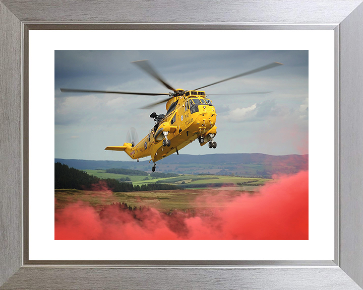 RAF (SAR) Sea King Helicopter With Red Smoke 2011 Photo Print - Royal Air Force Aircraft Posters, Prints, & Visual Artwork Hampshire Prints 10 x 8 Silver Frame Yes