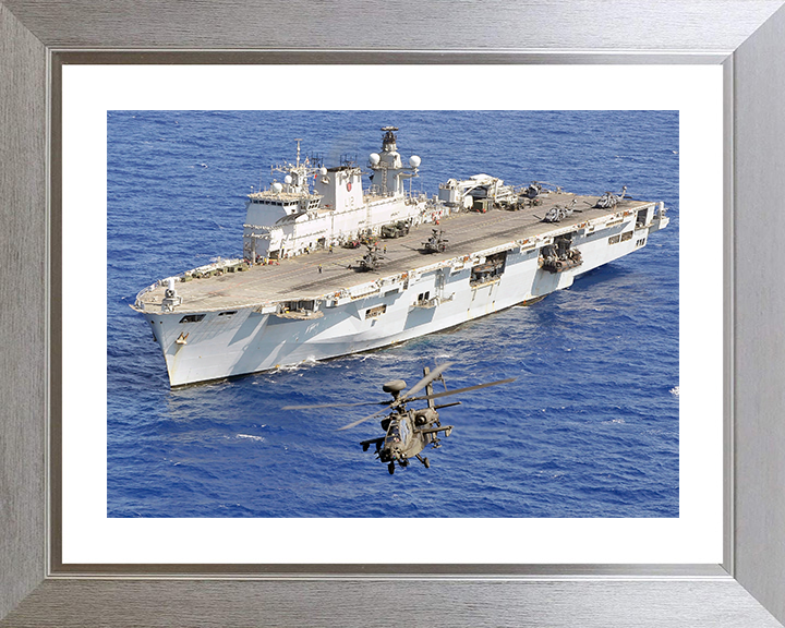 HMS Ocean (L12) Photo Print - With Apache 2011 - Royal Navy Landing Platform Helicopter Hampshire Prints 10 x 8 Silver Frame Yes