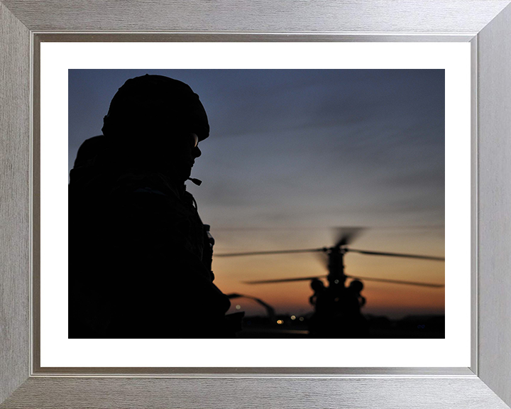 RAF Regiment Silhouette with Chinook Helicopter Photo Print - Royal Air Force Hampshire Prints 10 x 8 Silver Frame Yes