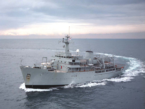 HMS Herald H138 Hecla Class Survey Vessel c1996 Grey Hull Turning
