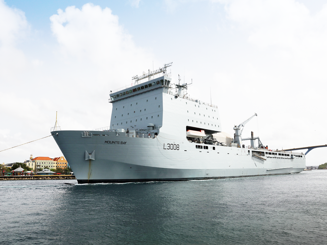 RFA Mounts Bay L3008 Bay Class Ship July 2018 Low Port Bow View