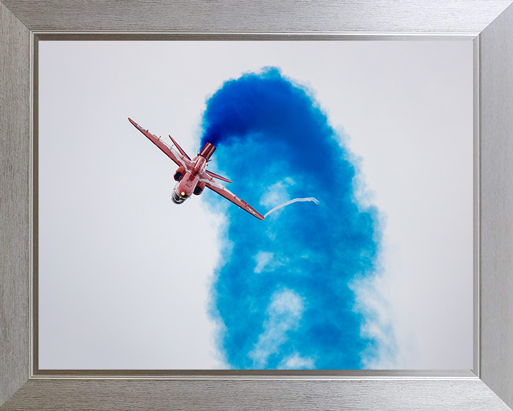 RAF Red Arrows Jet Inverted with Blue Smoke Photo Print - Royal Air Force Aircraft Posters, Prints, & Visual Artwork Hampshire Prints 10 x 8 Silver Frame No