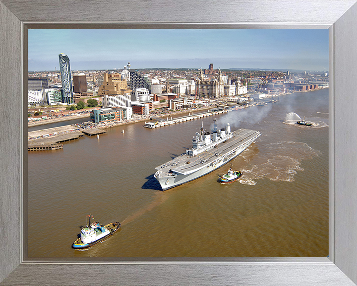 HMS Ark Royal (R07) Photo Print - Departs Liverpool 2008 - Royal Navy Invincible Class Aircraft Carrier Hampshire Prints 10 x 8 Silver Frame No