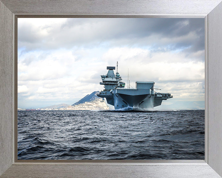 HMS Queen Elizabeth (R08) Photo Print - Bow View - Royal Navy Queen Elizabeth Class Aircraft Carrier Hampshire Prints 10 x 8 Silver Frame No