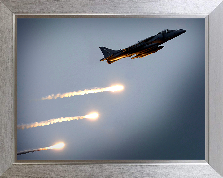 Harrier GR7 Firing Decoy Flares Photo Print - Royal Navy Aircraft Posters, Prints, & Visual Artwork Hampshire Prints 10 x 8 Silver Frame No