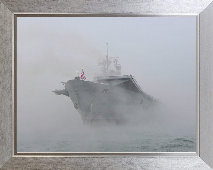 HMS Ark Royal (R07) Royal Navy Invincible Class Aircraft Carrier At Anchor in Mist Photo Print Wall Art Decor Posters, Prints, & Visual Artwork Hampshire Prints 10 x 8 Silver Frame No