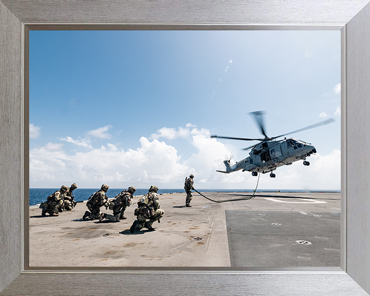 Royal Marines Fast Rope from a Merlin Helicopter Photo Print - 42 Commando Hampshire Prints 10 x 8 Silver Frame No