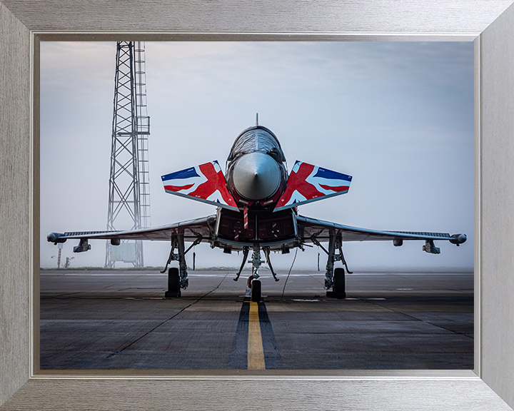 RAF Typhoon with Union Jacks on a runway Photo Print - Royal Air Force Aircraft Hampshire Prints 10 x 8 Silver Frame No