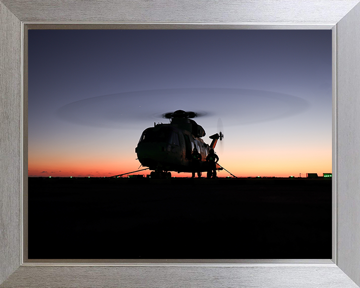 Merlin Helicopter at Sunset on a Flight Deck Photo Print - Royal Navy Aircraft Hampshire Prints 10 x 8 Silver Frame No