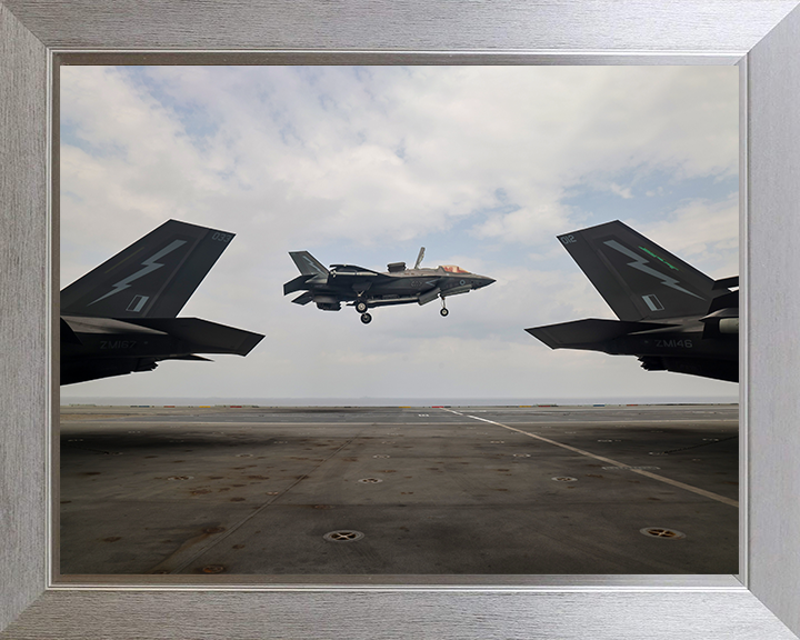 F-35B Lighting Jet Landing above a Flight Deck 2025 Photo Print - Royal Navy Aircraft Posters, Prints, & Visual Artwork Hampshire Prints 10 x 8 Silver Frame No