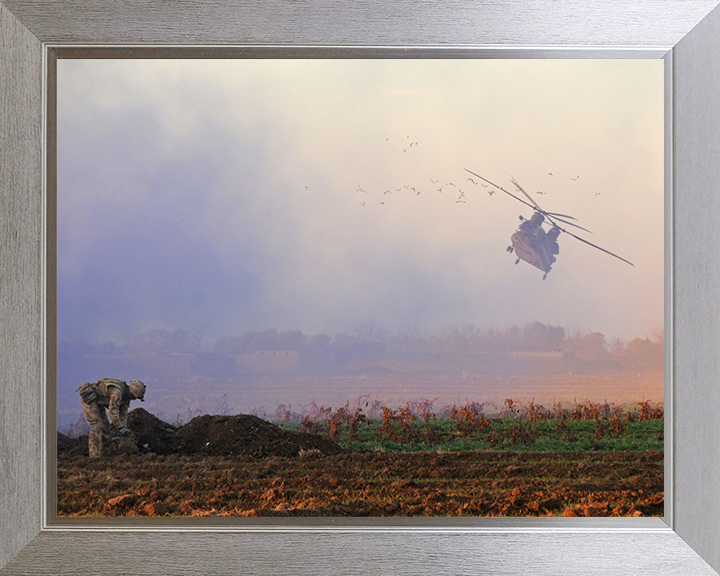 Royal Marine with Chinook Helicopter in Afghanistan Photo Print - 42 Commando Hampshire Prints 10 x 8 Silver Frame No